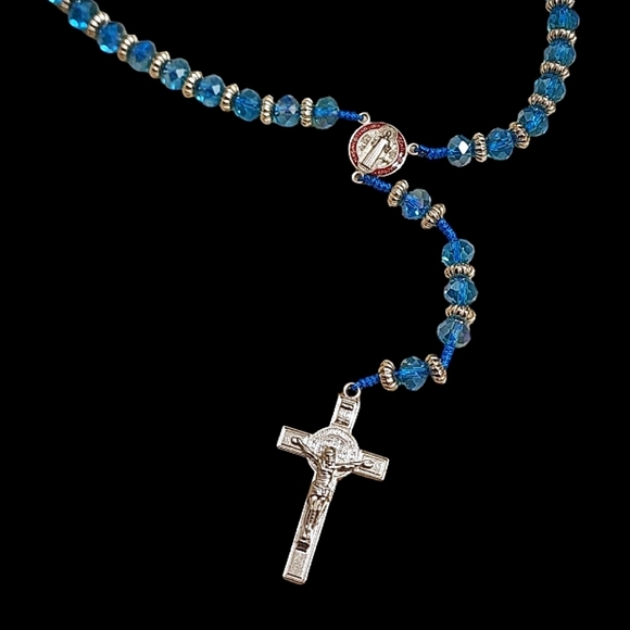 💎Blue & Silver Beaded Rosary Necklace - Picture 1 of 5